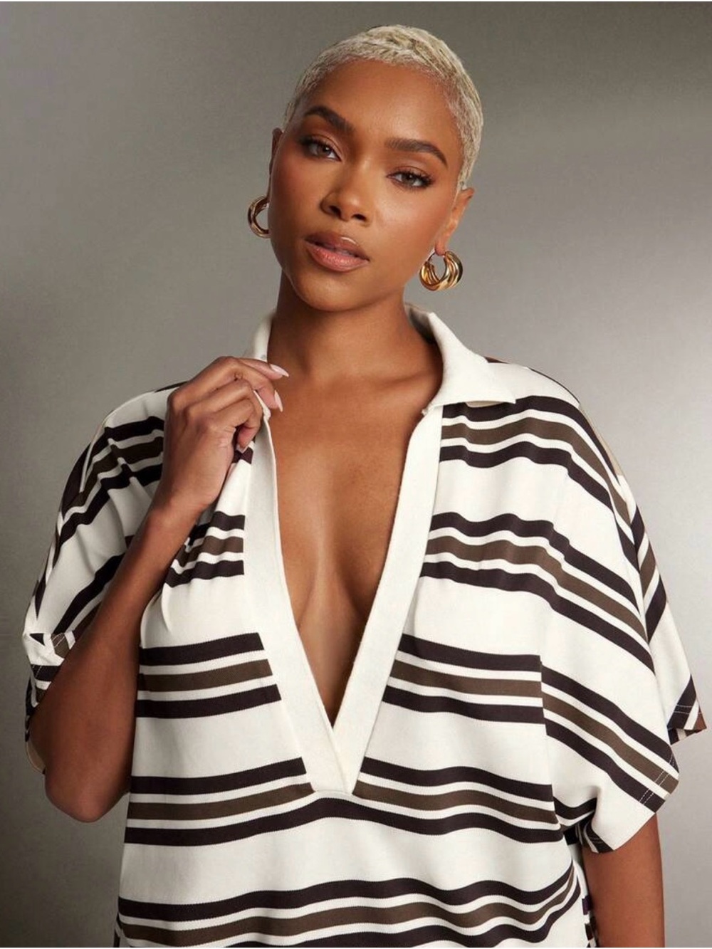 Striped V-Neck Polo Top in Cream, Brown and Black - Picture 2 of 4